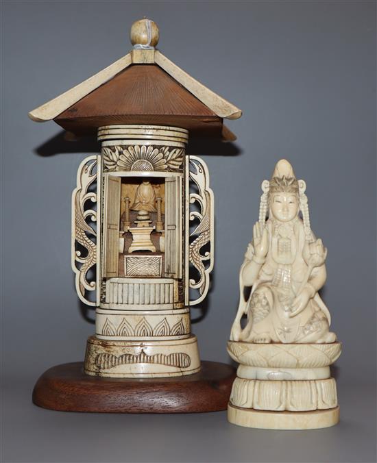 A Japanese carved deity and a carved bone shrine deity height 13cm